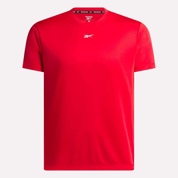 The Reebok Men's Short Sleeve Tech Training T-Shirt is plain red with a small white logo on the chest, branded collar lining, and made from breathable RBK-DRY fabric, shown against a white background.