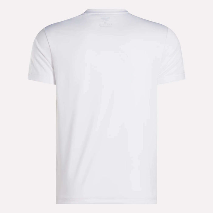 The Reebok Men's ID Train Short Sleeve Tech Tee is shown from the back against a light background; this classic white crew neck features sweat-wicking fabric with no visible designs or logos.