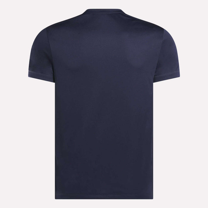 The Reebok Men's ID Train Short Sleeve Tech Tee in dark navy features moisture-wicking RBK-DRY fabric. Shown from the back, this gym shirt is displayed against a light background.