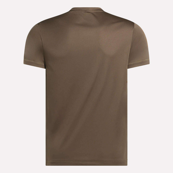 The back view shows the Men's ID Train Short Sleeve Tech Tee by Reebok in plain brown, with short sleeves and no visible logos, patterns, or designs.