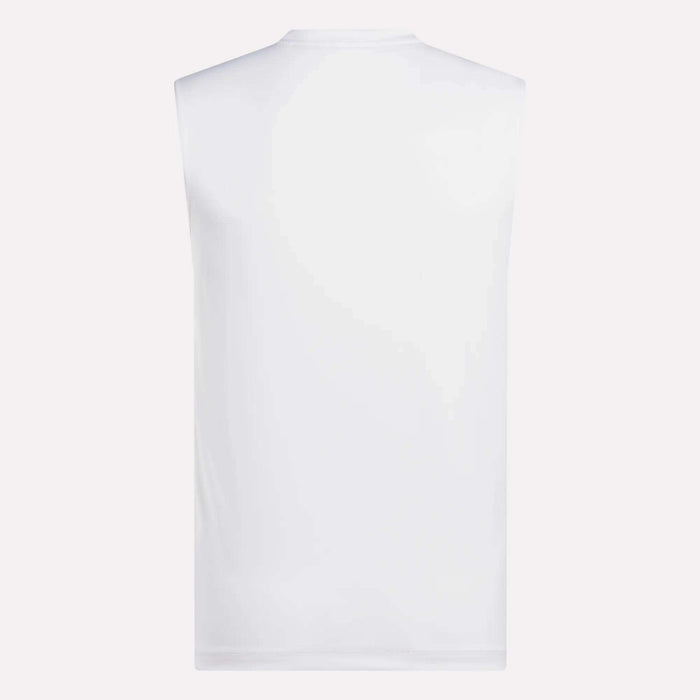 Back view of the Reebok Men's Sleeveless Tech Training T-Shirt in plain white, displayed against a light background. This workout shirt features a smooth, simple design with no logos or patterns.