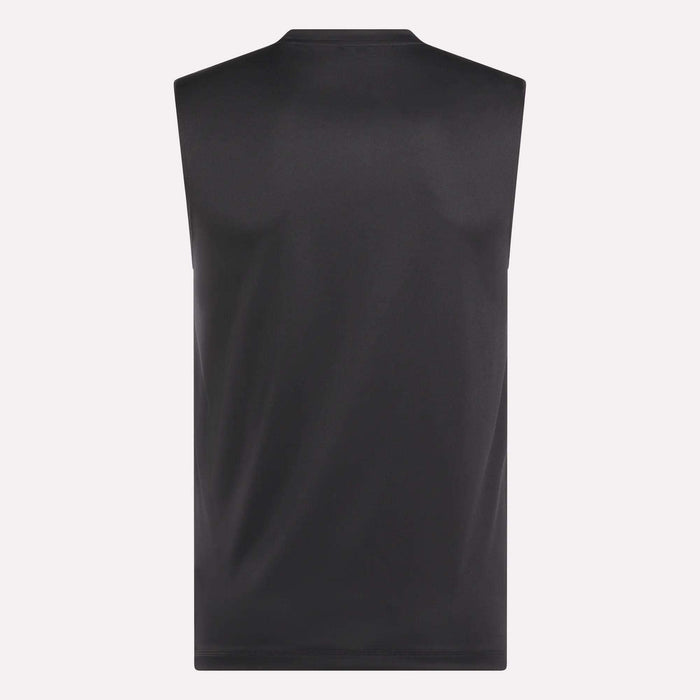 The Reebok Men's Train Sleeveless Tech Tee is shown from the back in black against a plain light background, made of lightweight polyester for breathability and comfort.