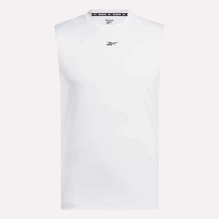 The Men's Sleeveless Tech Training T-Shirt by Reebok is a plain white, lightweight polyester jersey top with a small black Reebok logo on the chest and branded trim inside the collar.