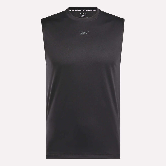The Reebok Men's Train Sleeveless Tech Tee is a black, lightweight polyester gym shirt with a small chest logo, shown against a plain light background.