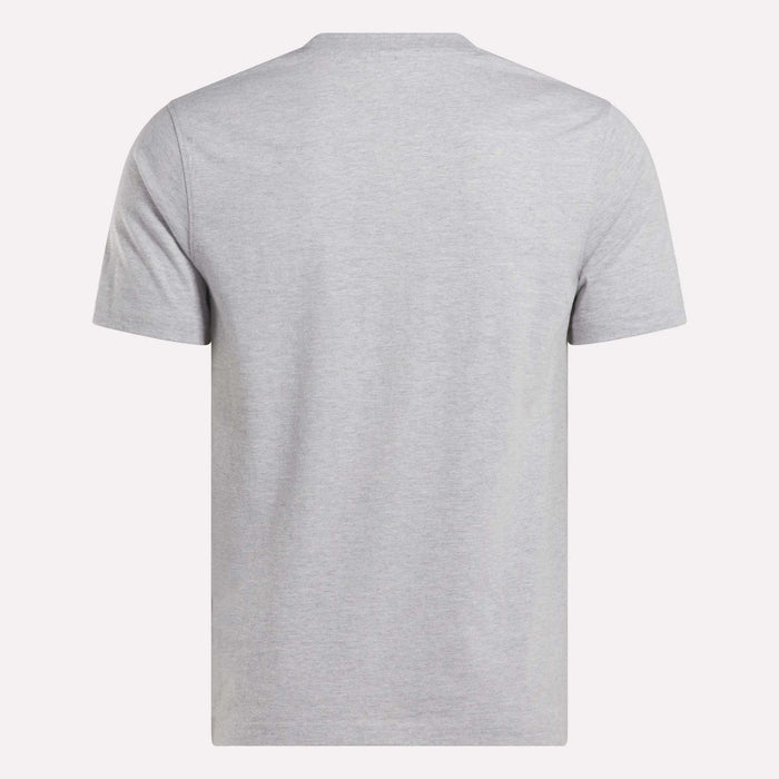 The Reebok Men's Small Logo Crewneck Short Sleeve T-Shirt in light gray, classic fit cotton jersey, is displayed from the back on a white background.