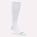 A single Reebok Men's Soccer Crew Sock in white with subtle black lines on the toe and heel, shown against a plain light background.