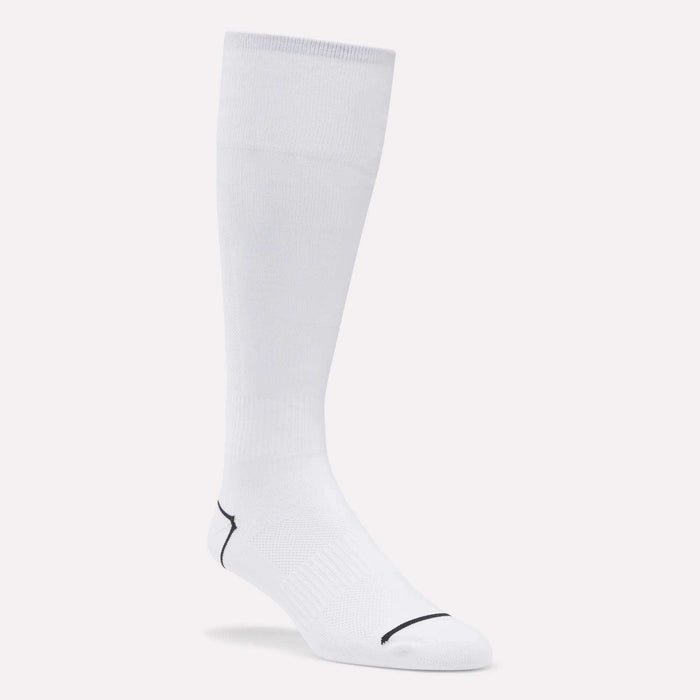 A single Reebok Men's Soccer Crew Sock in white with subtle black lines on the toe and heel, shown against a plain light background.