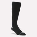 A single Reebok Men's Soccer Crew Sock in black with white accents at the toe and heel, shown upright on a light background. These moisture-wicking socks are ideal for active lifestyles.