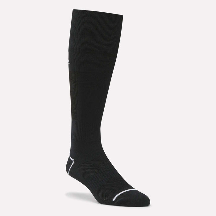 A single Reebok Men's Soccer Crew Sock in black with white accents at the toe and heel, shown upright on a light background. These moisture-wicking socks are ideal for active lifestyles.
