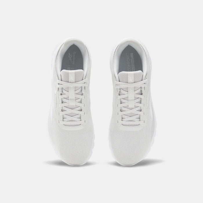 Top view of Reebok Men's Split Flex Training Shoes in white with mesh uppers and white laces, placed side by side on a light gray background—ideal for HIIT sessions or everyday workouts.