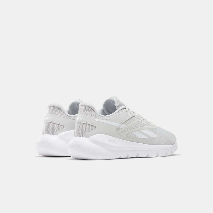 Men's Split Flex Training Shoes by Reebok, in light gray with white soles, are shown from the back and side on a white background. Their mesh and synthetic build is perfect for HIIT classes, with the Reebok logo clearly visible.