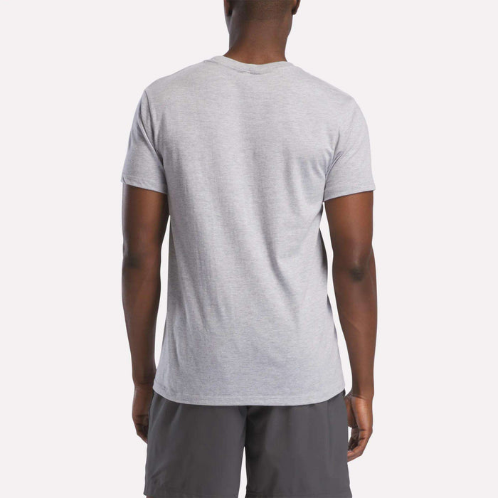 A person stands with their back to the camera, wearing a Reebok Men's Starcrest Logo Graphic T-Shirt in light gray and dark gray shorts, set against a plain light background.