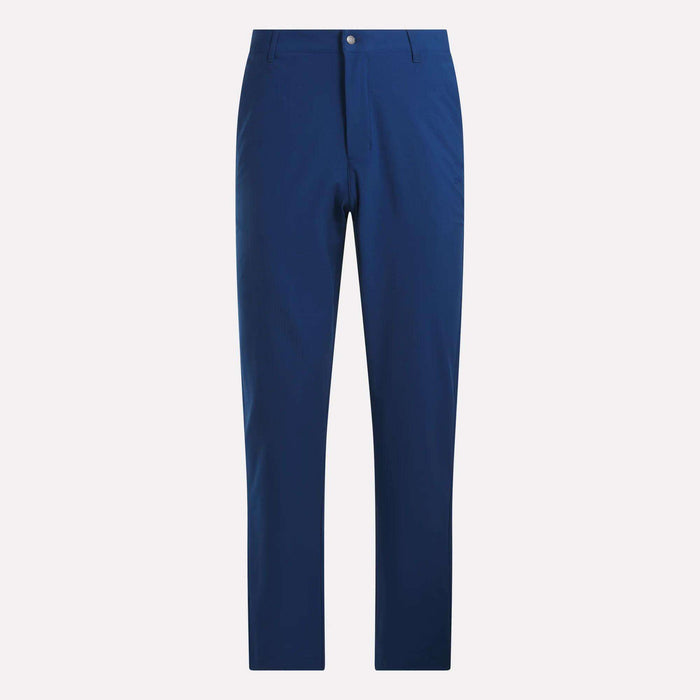 Flat lay image of Reebok Men's The Favorite Golf Pants - Relaxed Fit in blue, featuring four-way stretch and a button-zipper closure, displayed on a plain white background.