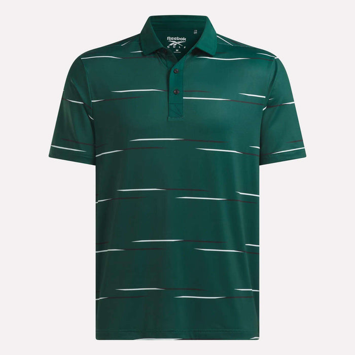 The Reebok Men's Tournament Polo Shirt is a dark green, short-sleeve golf polo with a collar, three buttons, and thin uneven white horizontal stripes for a tournament-inspired style.