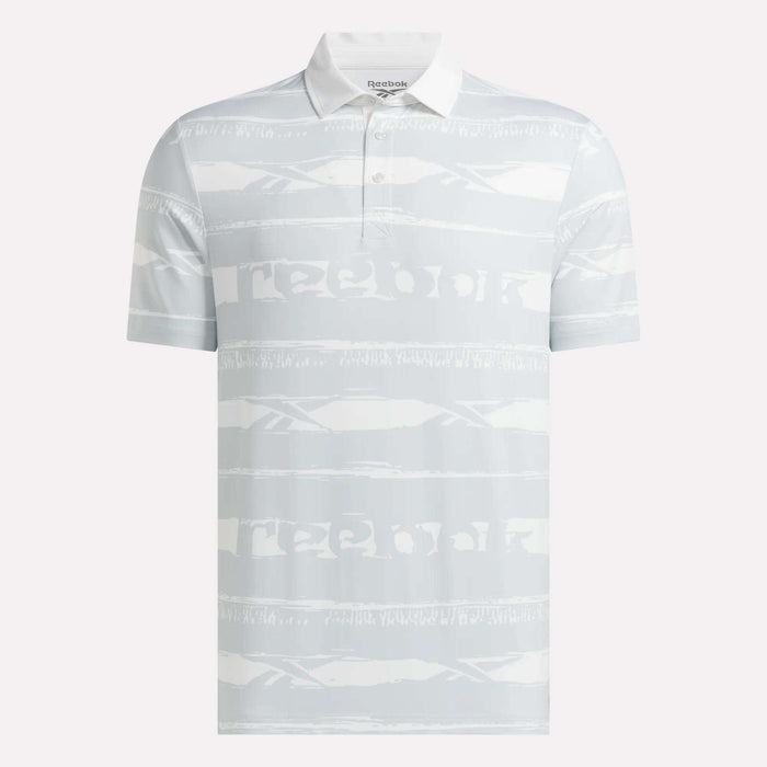 A Men's Tournament Polo Shirt by Reebok, featuring light gray abstract horizontal stripes on a white fabric and a buttoned collar, is displayed on a plain background.