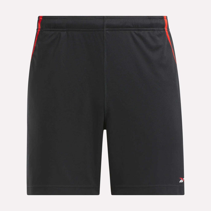 Reebok Men's Train Blocked Knit Shorts in a black cotton-blend feature red accents on the waistband sides and a subtle logo on the lower left leg, shown against a plain light background.