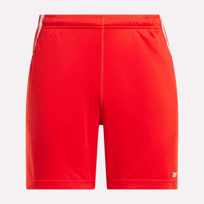 Reebok Men's Train Blocked Knit Shorts feature a bright red color, elastic waistband, subtle vertical seam, and small white logo on the front left leg. These knit shorts offer smooth texture and simple style for workouts or everyday comfort.