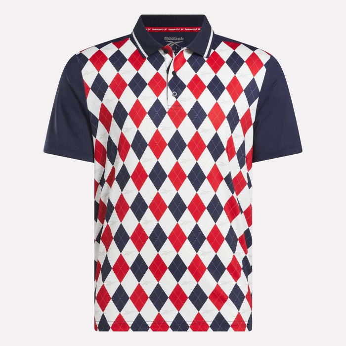 The Reebok Men's Vector Argyle Print Polo features a navy collar and sleeves, stretch knit fabric, a bold red, navy, and white argyle front pattern, button placket, and Reebok logo inside the collar.