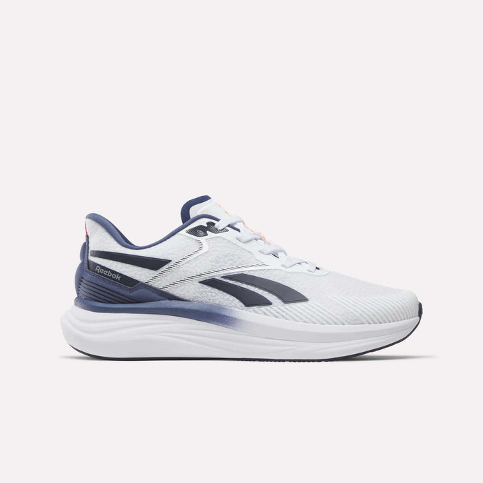 The Reebok Men's Viva Speed Shoes in White, Legacy Blue, and Neon Cherry feature a breathable mesh upper, lace-up design, and a thick white sole with blue gradient accents. They are displayed on a plain white background.