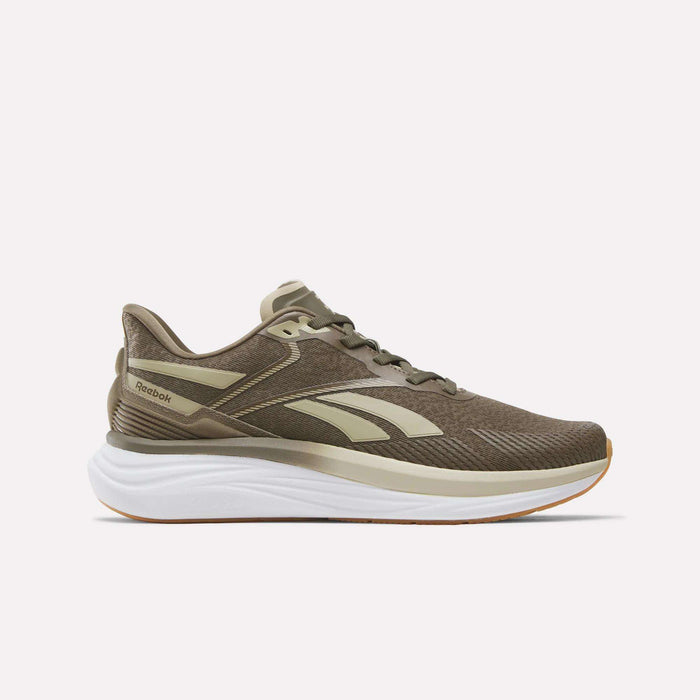An army green, white, and gum men's Reebok Viva Speed shoe with a cushioned midsole and a white sole, shown from the side against a plain light background.