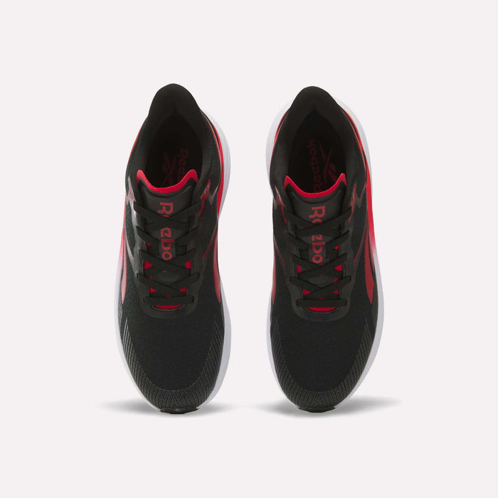 A pair of Men's Viva Speed Shoes by Reebok in black with red accents and white soles, designed as cushioned running shoes for maximum comfort, shown from above against a plain white background.