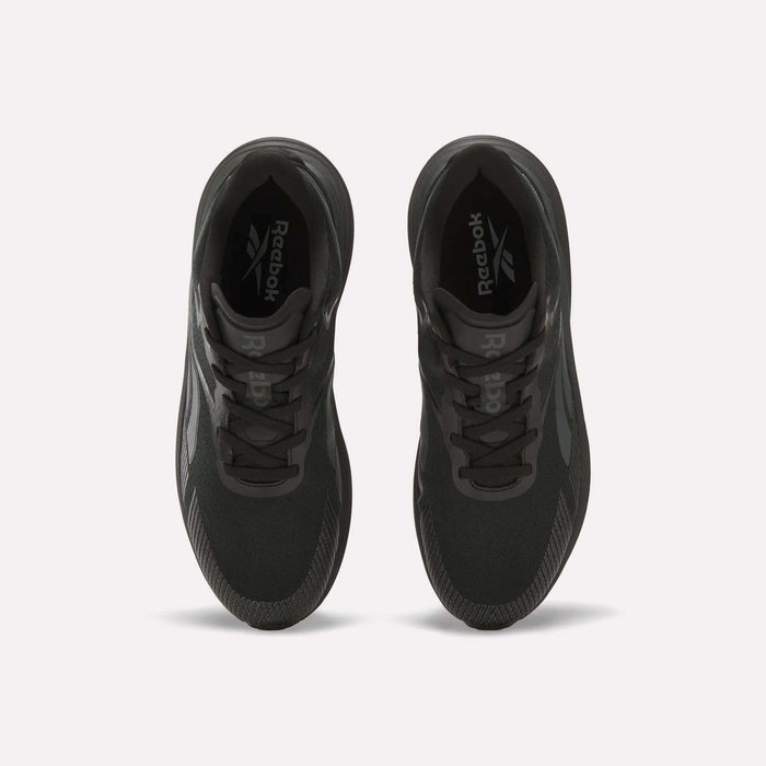 Top view of a pair of black Reebok Men's Viva Speed Shoes with laces, side by side on a light background. These cushioned running shoes display the Reebok logo on the insoles for comfort and support.