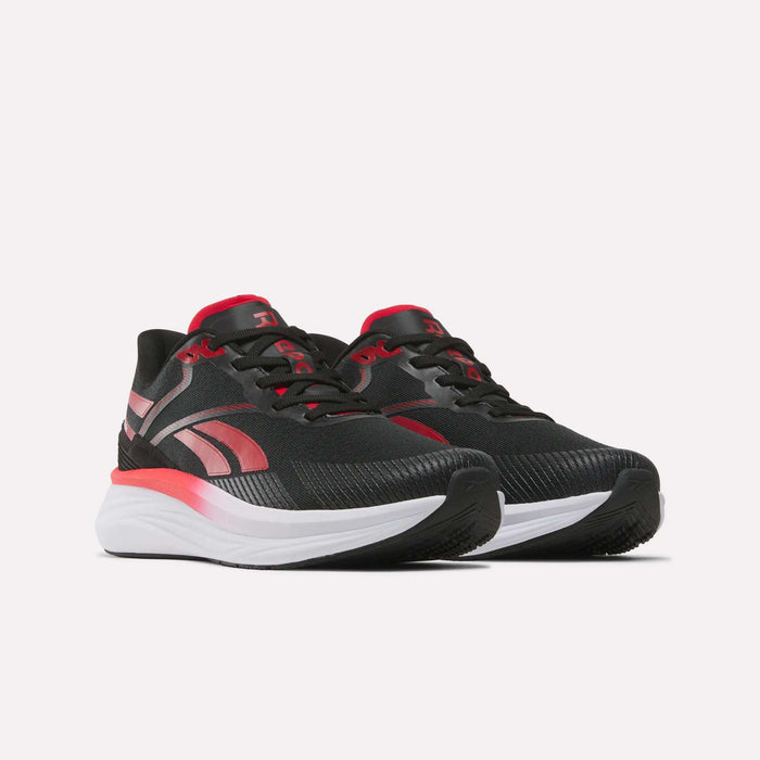 A pair of Reebok Men's Viva Speed Shoes in black with red accents and white soles, displayed on a plain white background. These cushioned sneakers combine sleek athletic style with comfort, making them perfect for any activity.