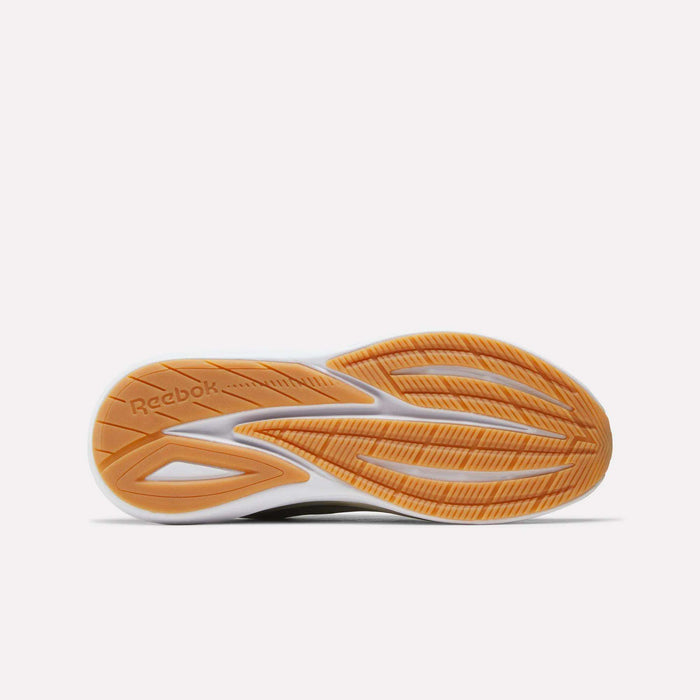 The orange and white sole of a men's Reebok Viva Speed Shoe is shown from the bottom, displaying a textured tread pattern and the Reebok logo. Designed for comfort, these breathable Viva Speed shoes feature a cushioned midsole to support every step.