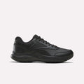 A black/Cold Grey 5/Collegiate Royal athletic sneaker with a lace-up design, visible stitching, and a textured sole—shown in a side profile view on a plain white background—this style exemplifies the Men's Walk Ultra 7 DMX Max Shoes by Reebok, featuring DMX cushioning for exceptional comfort during every step.