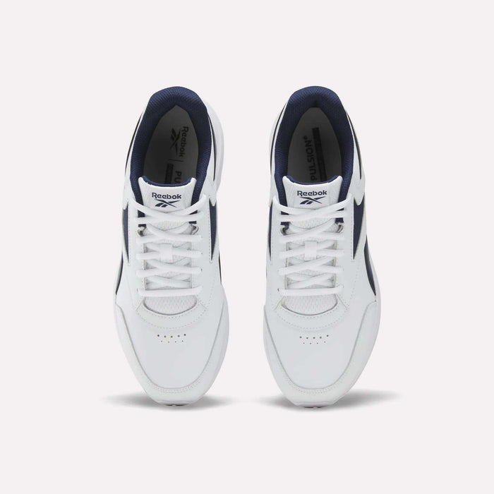 A top-down view of the Men's Walk Ultra 7 DMX Max Shoes by Reebok, featuring a white design with navy blue accents and DMX cushioning, displays the tops and laces of both shoes against a plain white background.