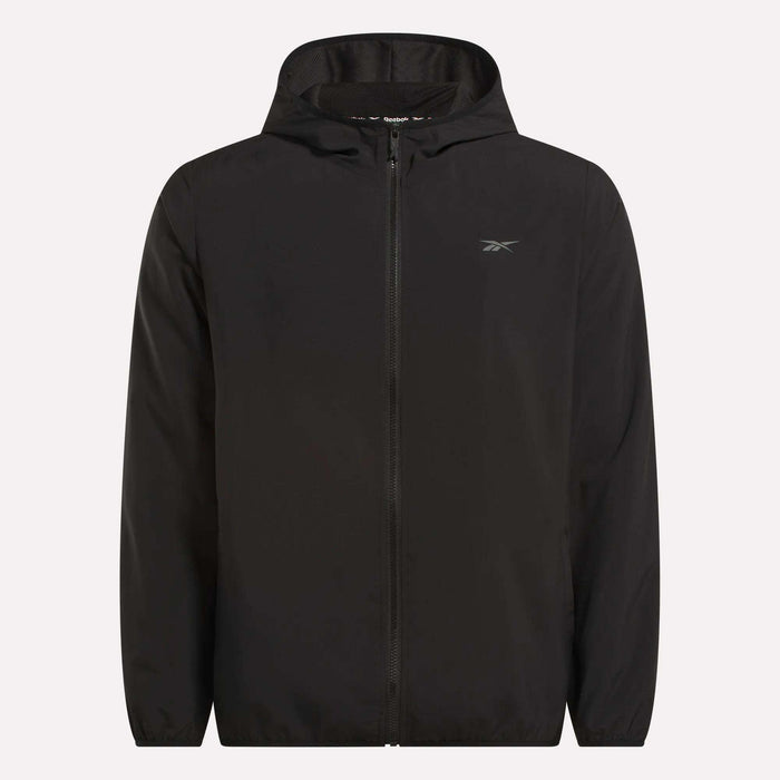 The Reebok Men's Woven Jacket features a plain black zip-up hooded design, long sleeves, relaxed fit, lightweight woven fabric, and a small logo on the left chest.