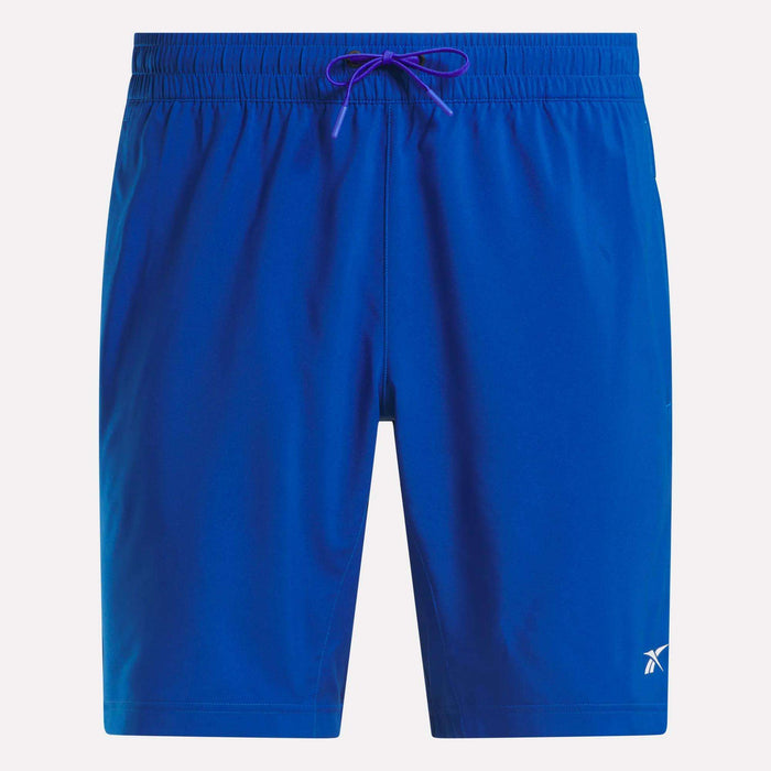 Reebok Men's Woven Shorts in bright blue with an elastic waistband and purple drawstring, featuring sweat-wicking fabric and a small white logo on the lower left leg, shown against a plain white background.