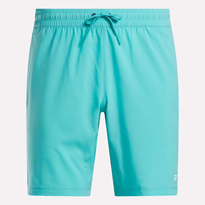 Reebok Men's Woven Shorts in bright turquoise, featuring an elastic waistband with a matching drawstring and sweat-wicking fabric, are displayed on a plain white background.