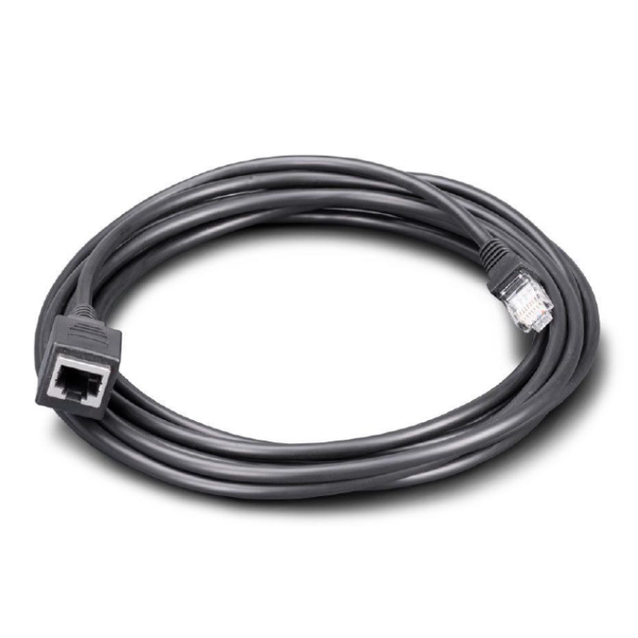 A coiled black Ethernet cable with RJ45 connectors on both ends, photographed on a clean white background.