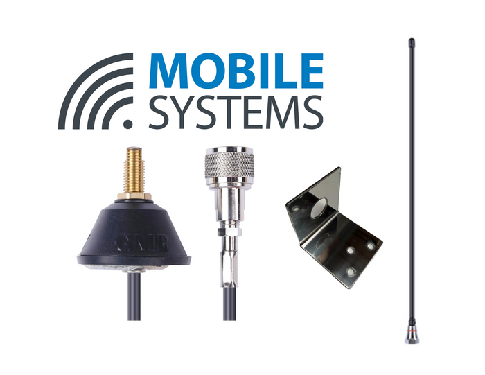 A set of mobile communication antenna components and accessories from Mobile Systems