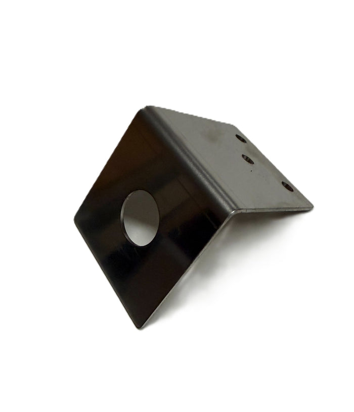 A black metal L-bracket with a circular hole on one leg and two mounting holes on the other, shown on a plain white background.