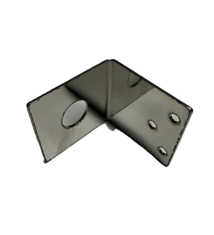 A dark gray metallic L-bracket corner piece with pre-drilled mounting holes, shown on a plain white background.