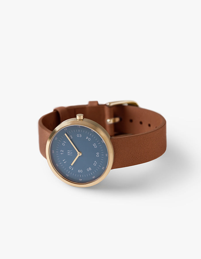 MUSTANG BROWN 34MM + NAVY LEATHER STRAP SET  (GOLD)