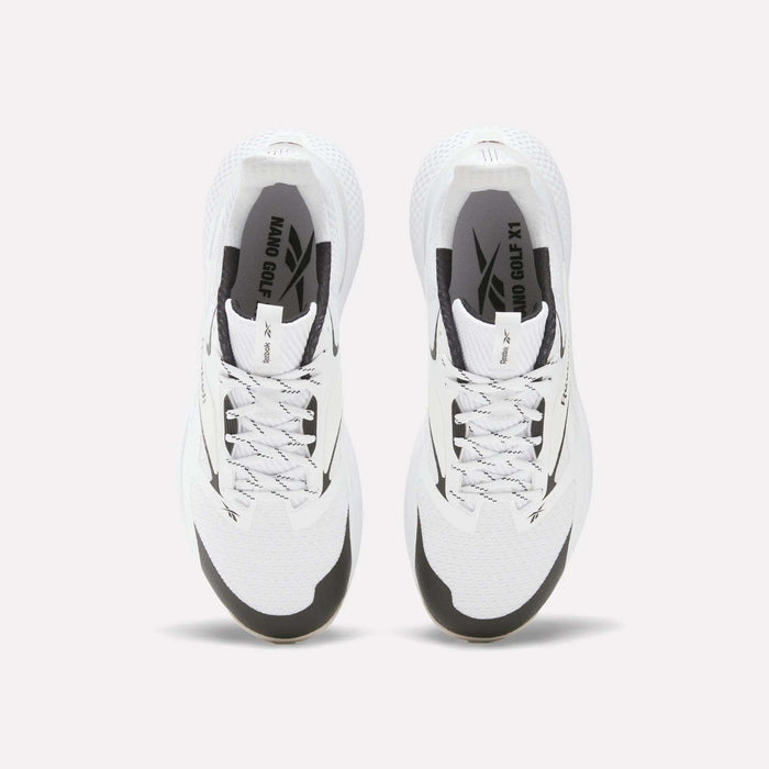 Top view of Reebok Nano Golf Shoes with black accents, gray laces, and “NANO OG X1” branding. These shoes have a durable FlexWeave upper and are displayed side by side on a plain white background.