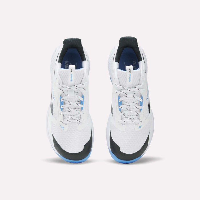 The Reebok Nano Golf Shoes are white athletic sneakers with black and blue accents, seen from above on a white background. They feature white laces, a FlexWeave mesh upper for modern style, and enhanced performance foam for comfort.