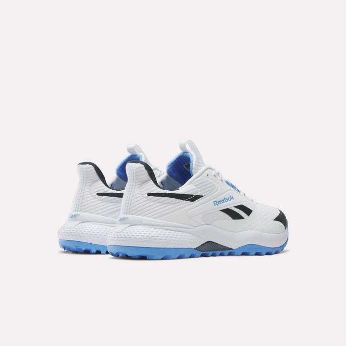The Reebok Nano Golf Shoes feature a white and blue design with a FlexWeave upper for breathability and performance foam for comfortable wear all day.