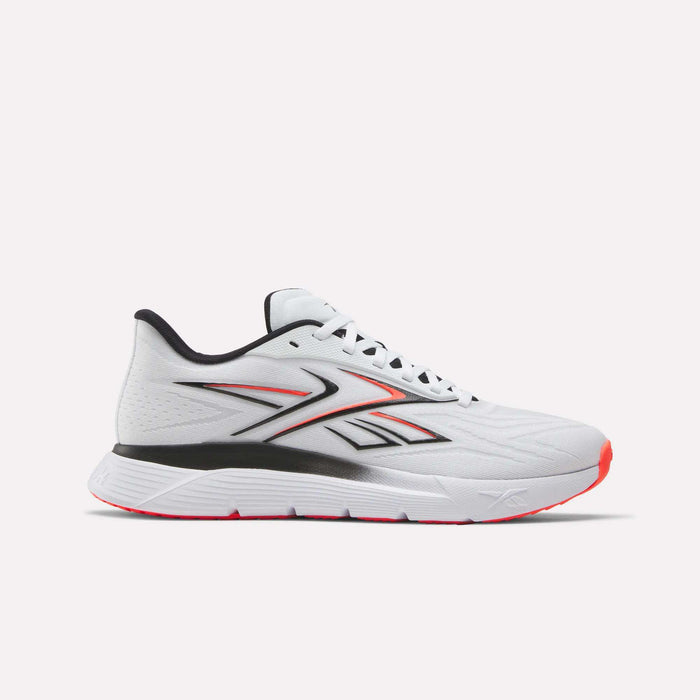 The Reebok Nano Gym 2.0 Training Shoes in Ftwr White/Neon Cherry feature a cushioned high-rebound foam midsole, black sole with red tread, lace-up design, and bold side logo—ideal for training sessions.