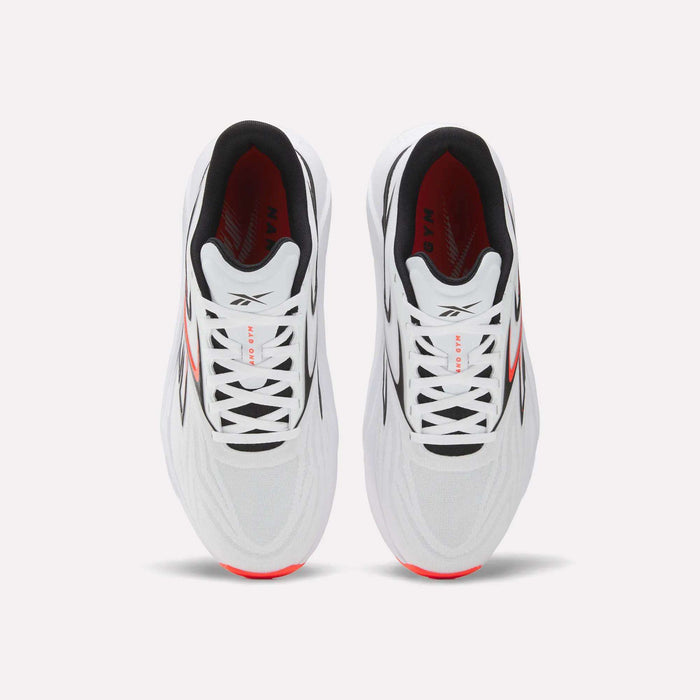 Top view of Reebok Nano Gym 2.0 Training Shoes in white, featuring black laces, high-rebound foam soles with red side accents, a black interior lining, and subtle gray upper detailing.