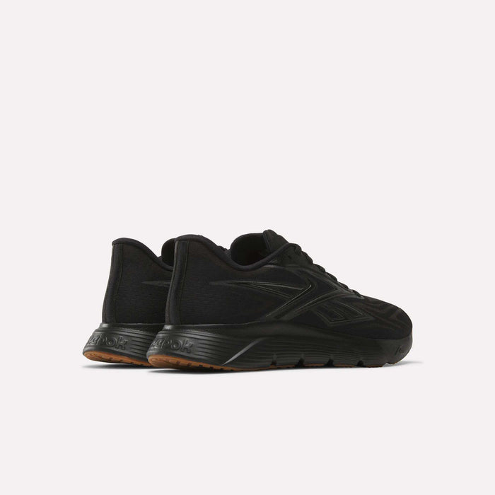 The Reebok Nano Gym 2.0 Training Shoes in black, featuring a subtle side logo and brown rubber outsoles, are versatile trainers showcased from a rear-side angle against a plain white background.