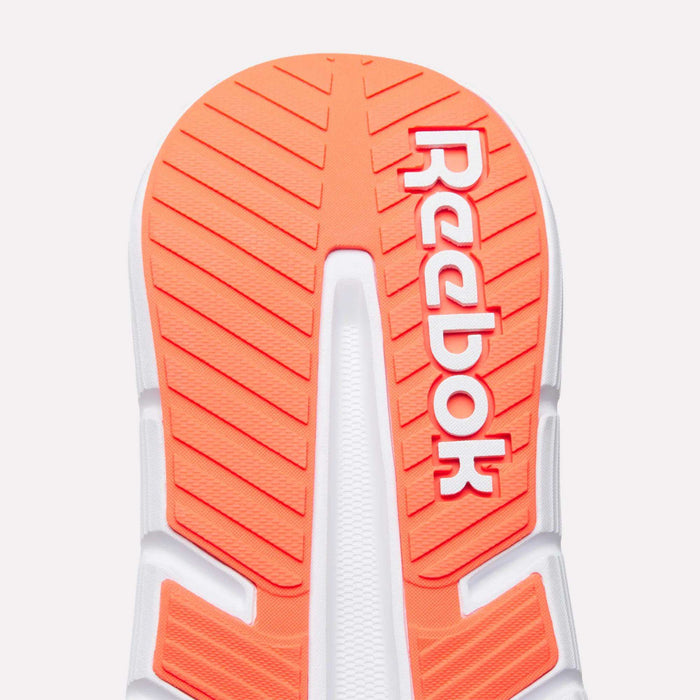 Close-up of the sole of Reebok Nano Gym 2.0 Training Shoes, featuring an orange and white design, high-rebound foam, and the Reebok logo in white on the orange section.