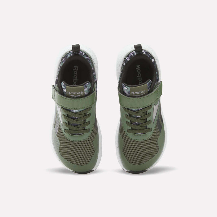The Reebok Nano Play Stretch Lace and Top Strap Shoes for little kids are shown from above on a white background; they feature green uppers, black soles, white midsoles, mesh details, Velcro straps, and the Reebok logo on the side.