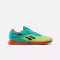 The Reebok Nano X4 Training Shoes feature a teal upper, neon green toe, orange sole and accents, and black Reebok logo. Shown in side view on a plain white background.