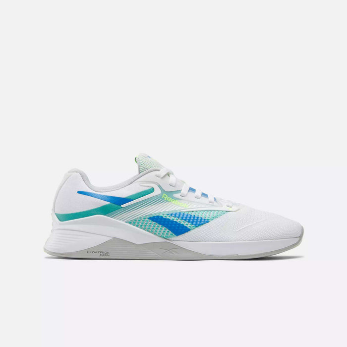 The Reebok Nano X4 Training Shoes feature a breathable white mesh upper with blue and green accents, white laces, and a light grey sole. Shown in profile against a plain white background, these athletic sneakers are lightweight and ideal for training.