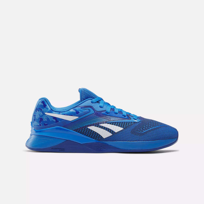 The Reebok Nano X4 Training Shoes are blue athletic sneakers with white and dark blue accents, a breathable mesh upper, cushioned sole, and signature white Reebok logo—lightweight trainers for workouts, shown on a plain white background.