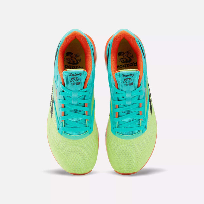 Top view of Reebok Nano X4 Training Shoes in bright turquoise with neon yellow-green mesh, orange inner lining, blue laces, and black accents, placed side by side on a white background.